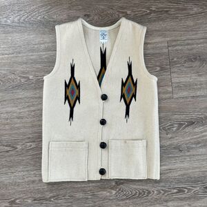 Ortega’s Chimayo Handwoven Wool Vest Ivory Southwest Aztec USA Size Small Vtg